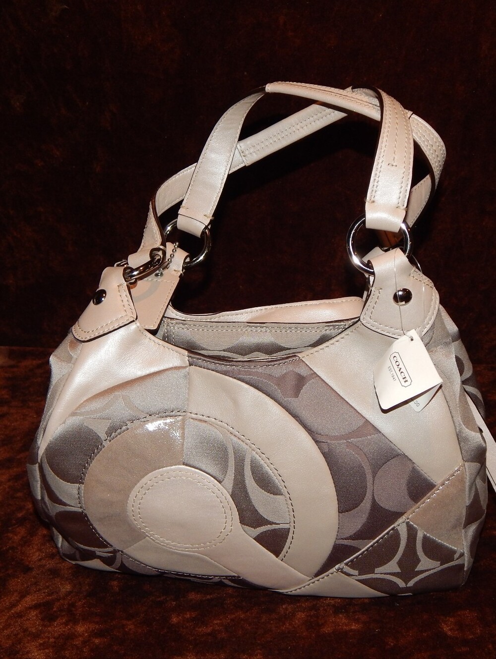 Coach Patchwork Signature Hand Bag in Taupe and Cream